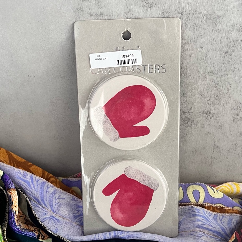 Holiday Mittens Car Coasters Set of 2 – Cup Holder Inserts with Beveled Edge